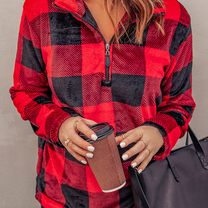 Plaid Print 1/4 Collar Sweatshirt