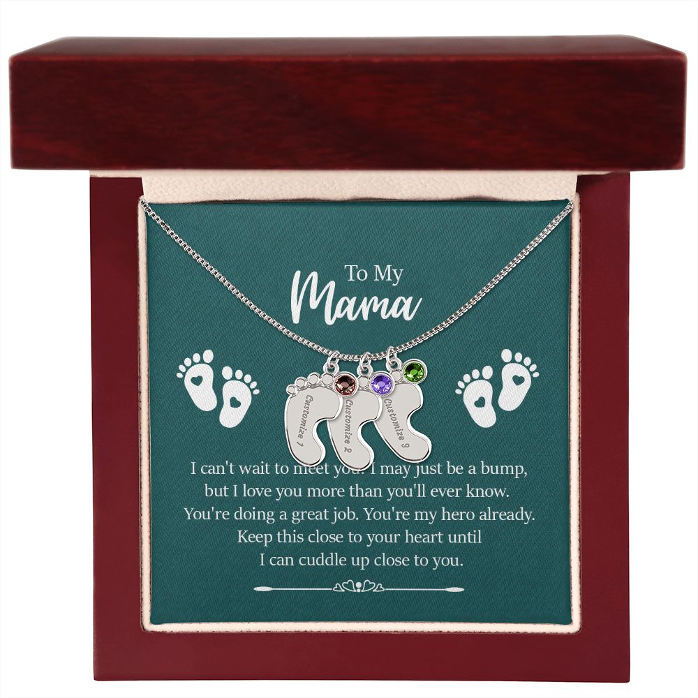 Engraved Baby Feet with Birthstones Necklace - For My Mama